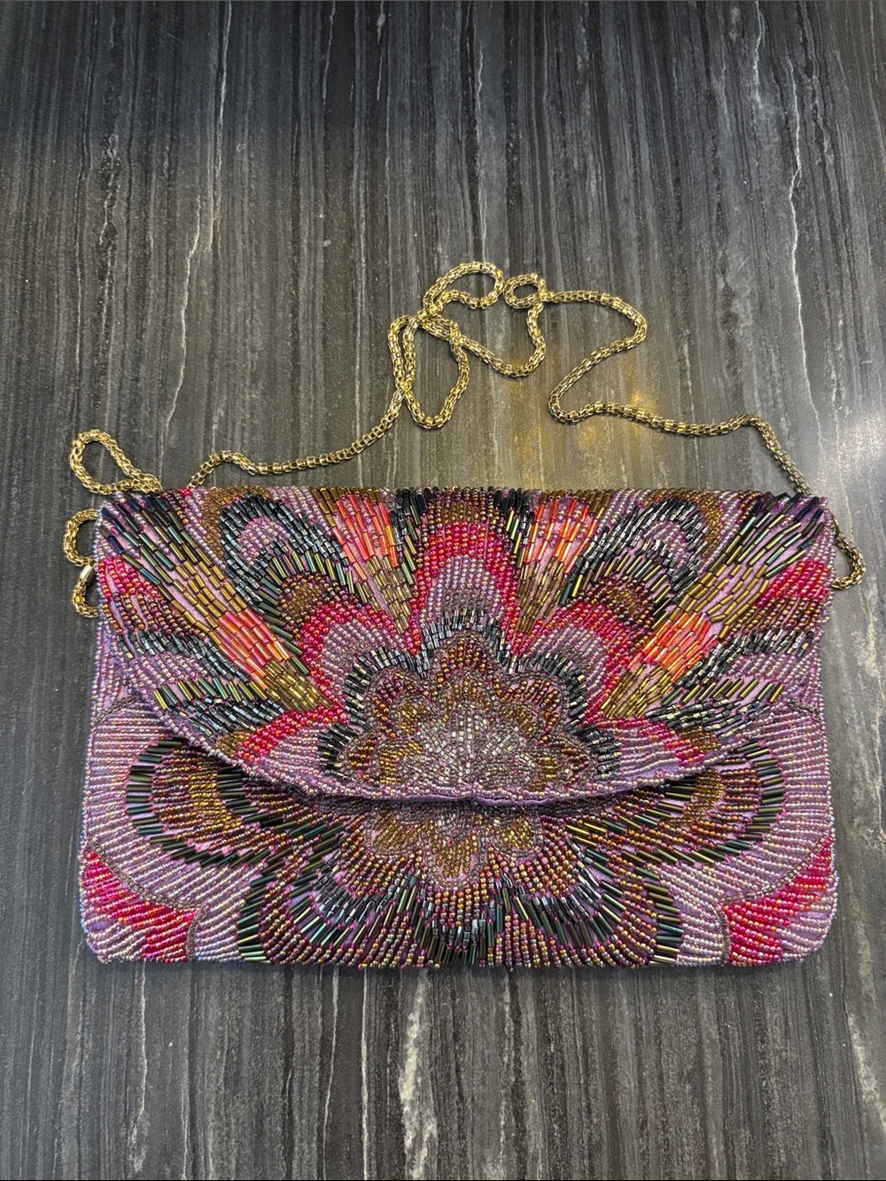 Studio 18 La Regale beaded clutch wallet bag metal chain purple floral vintage